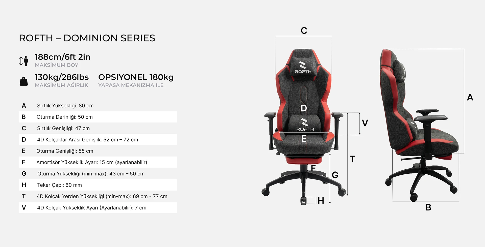 ROFTH QUADRA EDITION Midnight Blue Ayak Uzatmalı Premium Oyuncu Koltuğu 63 Quadra red teknik ozellikler web