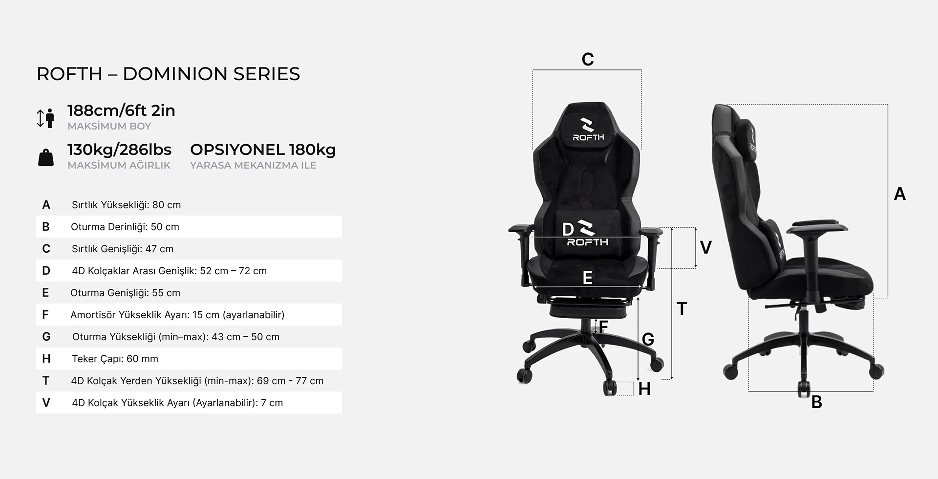 ROFTH QUADRA Ayak Uzatmalı Premium Oyuncu Koltuğu 12 Quadra teknik ozellikler web 1